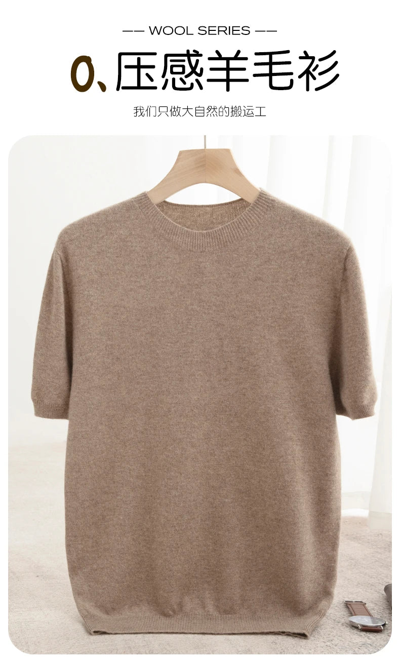 Spring Summer Men's Short Sleeved Pure Wool T-Shirt Sweater O-neck Solid Color Loose Pullover Knitted Sweater Casual Top