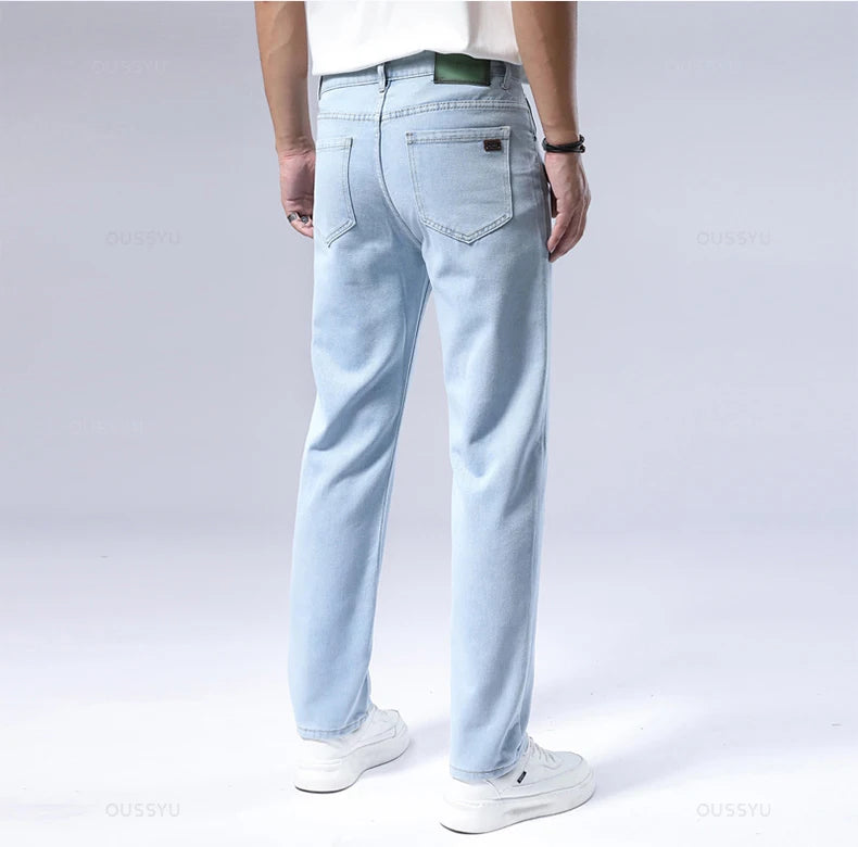 New Men's Jeans Autumn Pants Straight Fashion Light Blue Jean Casual Work Classic Denim Pant Cotton Trousers Male