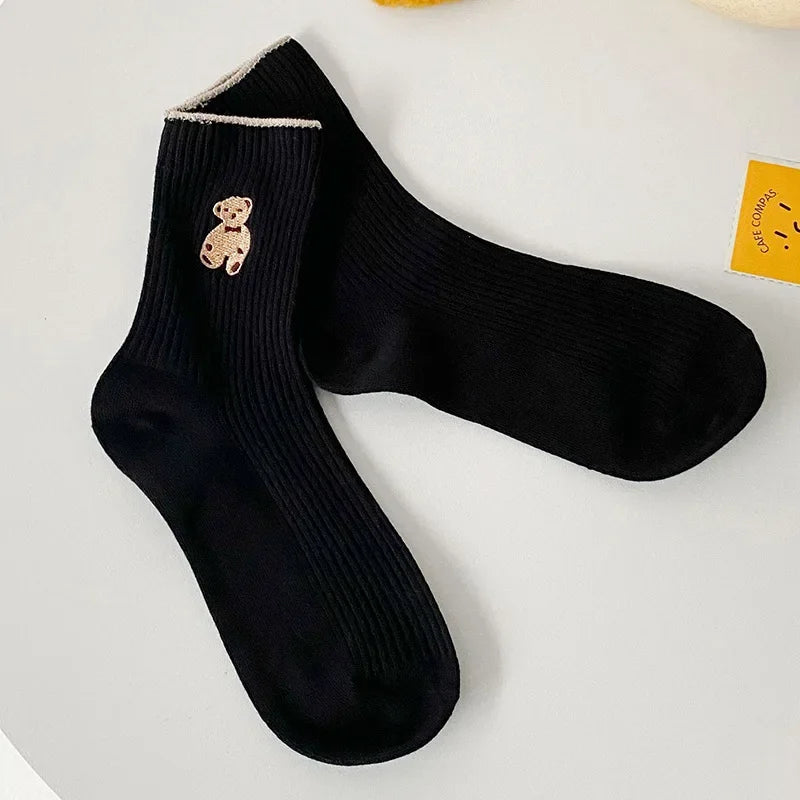 1/5pairs Cartoon Bear Socks Soft Cotton Socks Autumn Coffee Stockings Kawaii Women Socks Korean Casual Stockings Women Hosiery