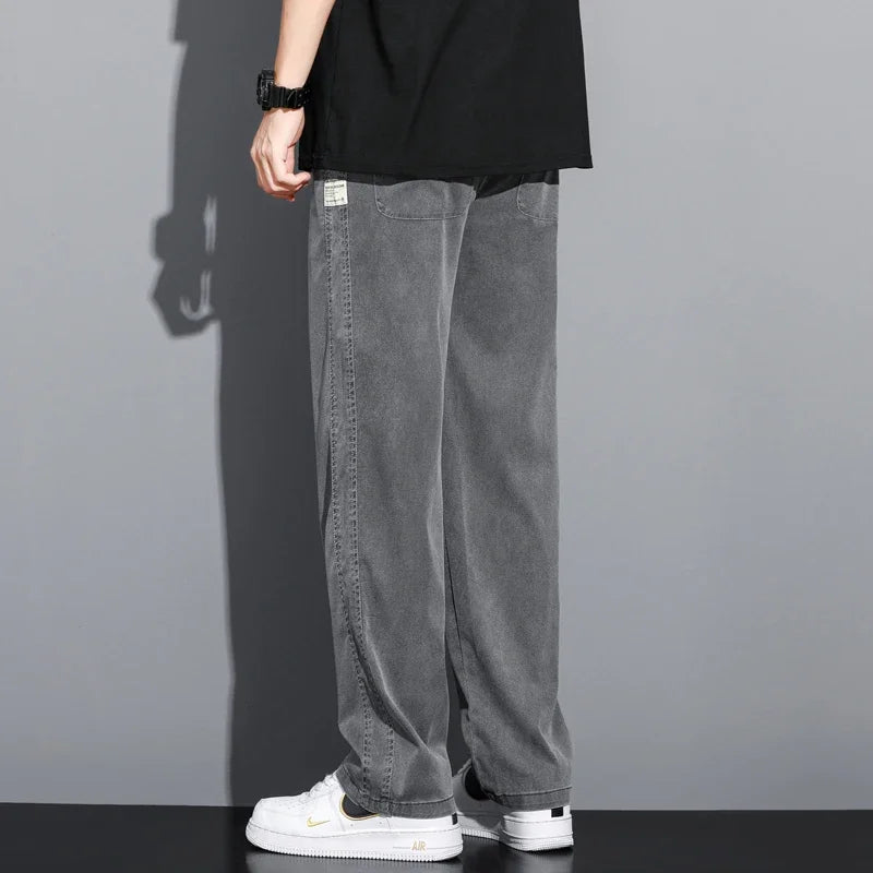 S-5XL 6Style,Men's Loose Jeans Summer Soft Lyocell Thin Fabric Straight Pants Drawstring Elastic Waist Korea Casual Trousers,Y2K