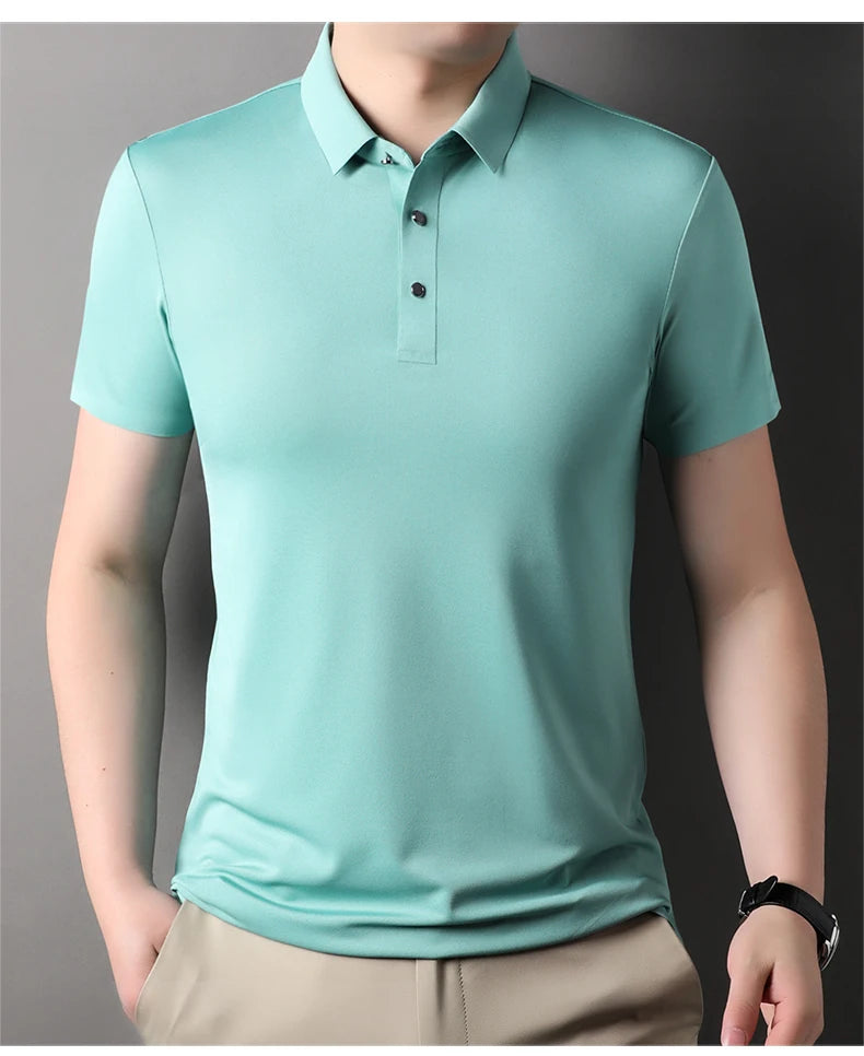 Summer Classic High Quality Solid Color Breathable Men's Short sleeved POLO Shirt Comfortable Ice Silk Casual Business T-shirt