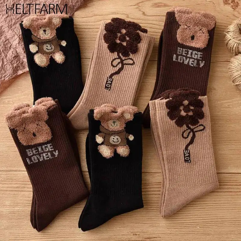 1Pairs Brown Retro Cotton Socks Bear Sock Girls Comfortable Middle Tube Sock Autumn Winter Soft Kawaii Socks For Women