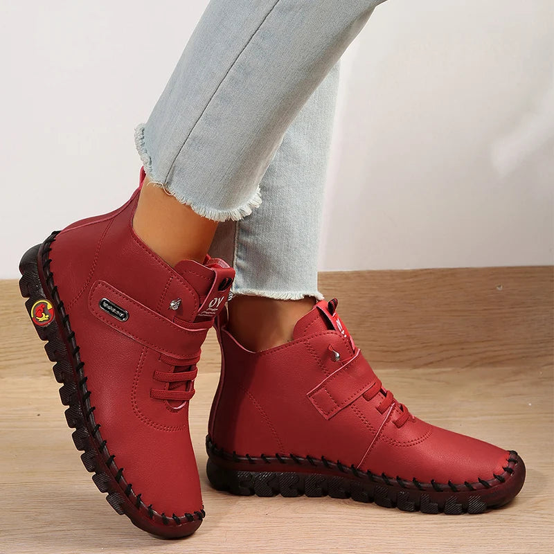 Pu Leather Red Boots Woman Soft Bottom Orthopedic Autumn Winter Shoes Women Plus Size Fleece Ankle Boots for Women Mom Moccasins