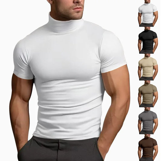 Cross-border Amazon 2024 summer solid color short-sleeved fashion bottoming shirt men's tight turtleneck T-shirt