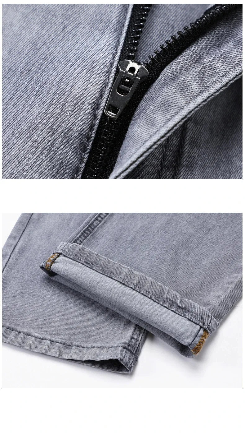 Summer Thin Men's Cotton Jeans New Fashion Gray Elastic Straight Business Casual Pants Comfortable Brand Trousers