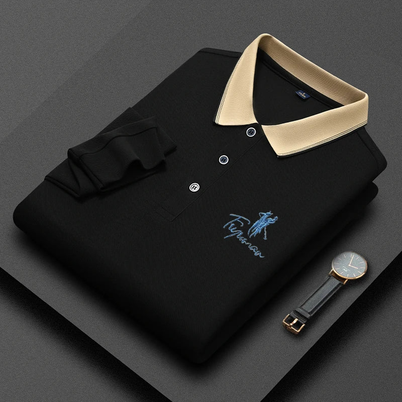 New Men's Casual Embroidery Long Sleeve Polo Shirt Fashion Solid Color Top