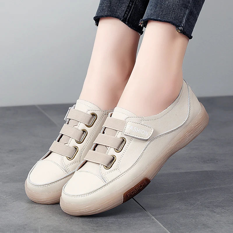 Summer Outdoor Women Jogging Casual Shoes Cow Leather Soft Sole Slip-on Flat Loafers Ladies Sneakers Breathable Walking Trainers