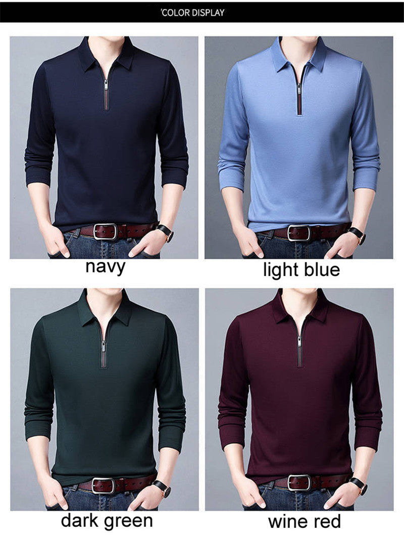 Smart Casual Men's Solid Polo Shirt Spring Autumn New Long Sleeve Zipper Collar Business Fashion Loose Polos Tops Clothing 2023