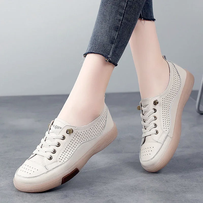 Summer Outdoor Women Jogging Casual Shoes Cow Leather Soft Sole Slip-on Flat Loafers Ladies Sneakers Breathable Walking Trainers