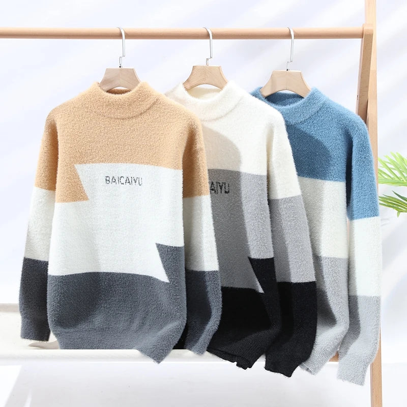 2023 Colorblock Warm Sweater Half Round Neck Sweater Slim Fit Sweater Top Knit Men's Christmas Cardigan