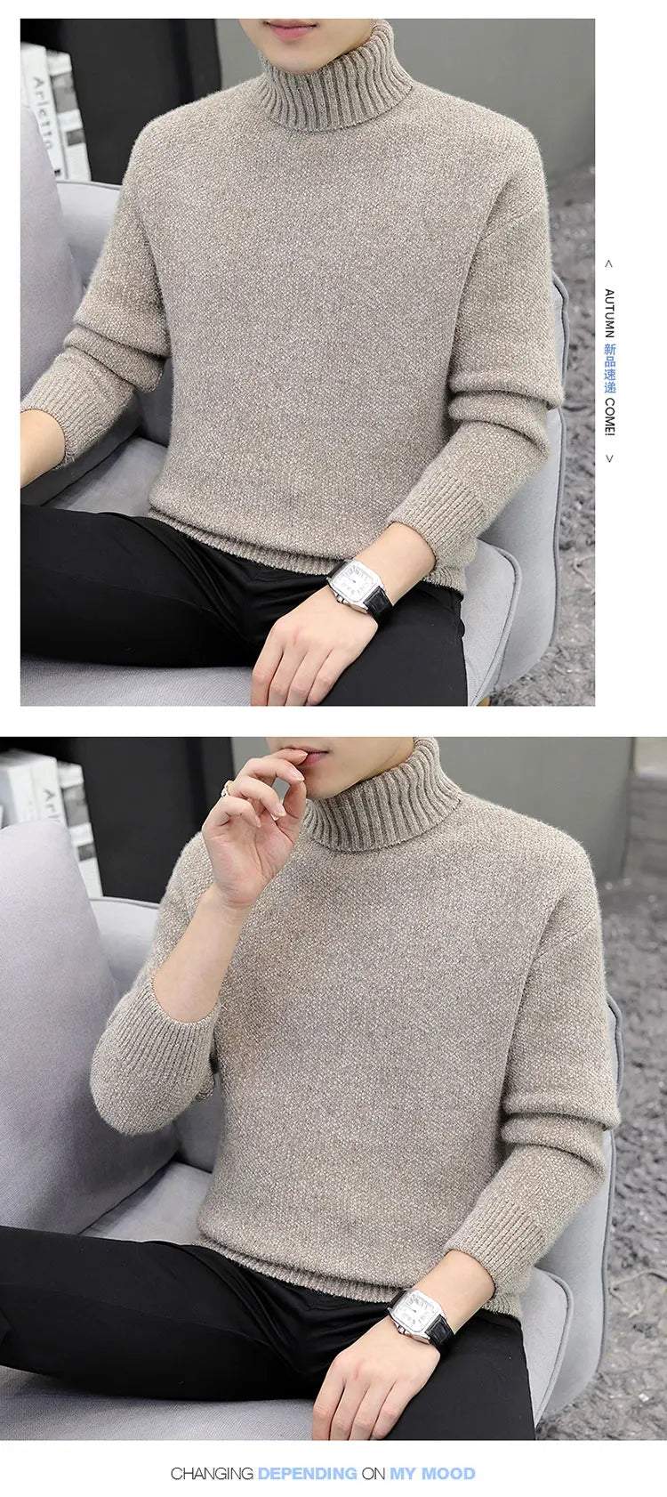 2024 Men Brand High Neck Knitted Pullover New Arrivals Male Fashion Streetwear Casual Slim Solid Color Turtleneck Sweater Male