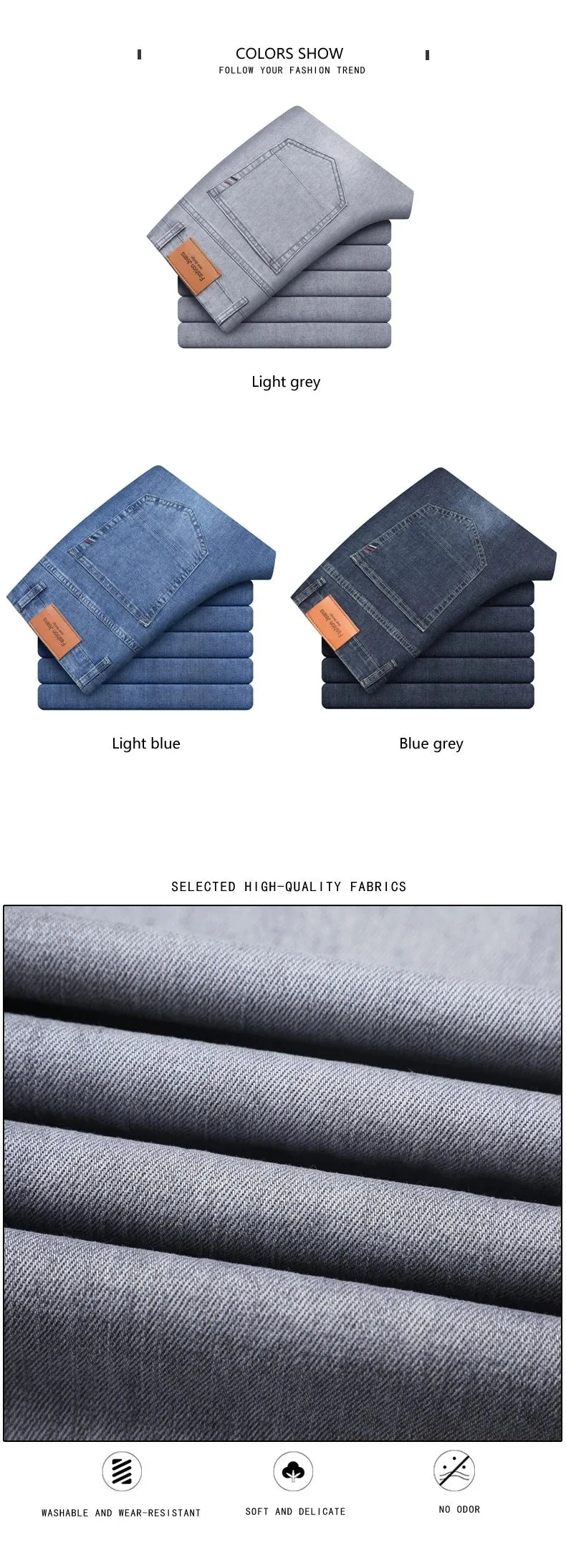 Summer Thin Men's Cotton Jeans New Fashion Gray Elastic Straight Business Casual Pants Comfortable Brand Trousers