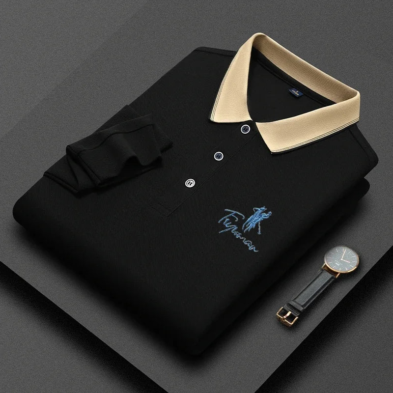 New Men's Casual Embroidery Long Sleeve Polo Shirt Fashion Solid Color Top