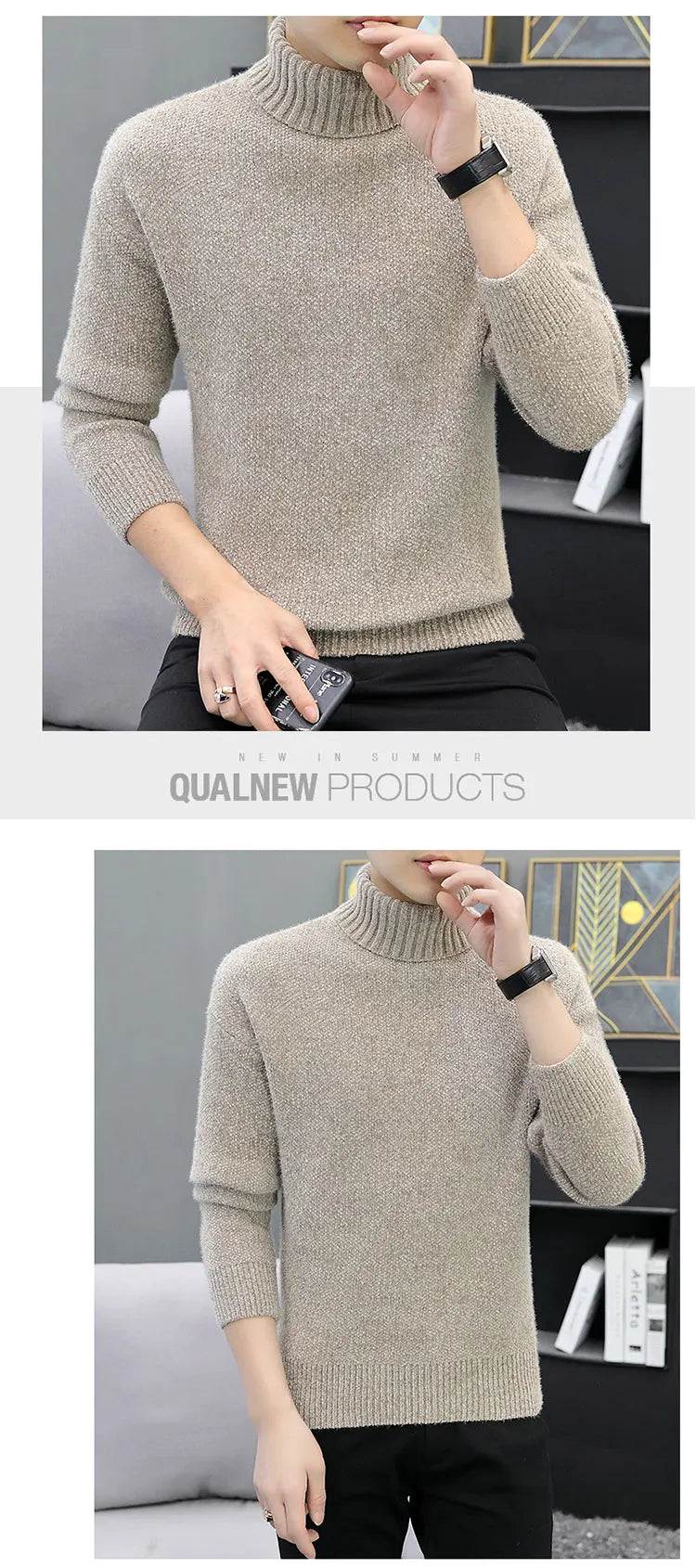 2024 Men Brand High Neck Knitted Pullover New Arrivals Male Fashion Streetwear Casual Slim Solid Color Turtleneck Sweater Male