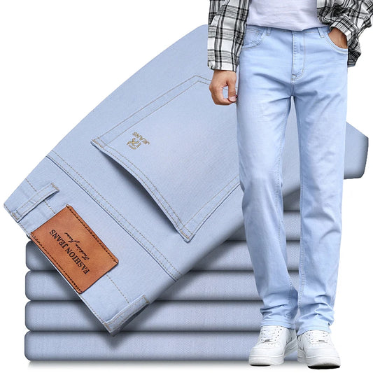 2023 Autumn New Men's Sky Blue Slim Stretch Jeans Classic Style Fashion Casual Denim Pants Male Brand Trousers