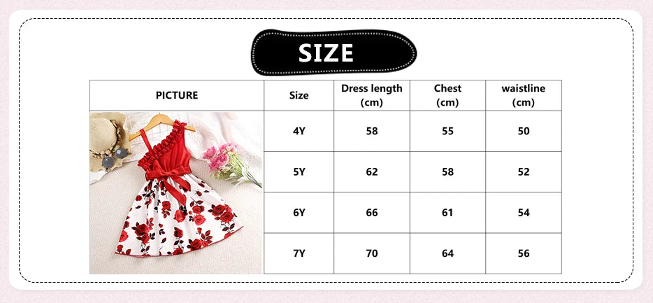 Summer Girls' Knee-length Skirt Casual Style Polyester Diagonal Shoulder Suspender Asymmetrical Sleeveless Printed Dress Belt