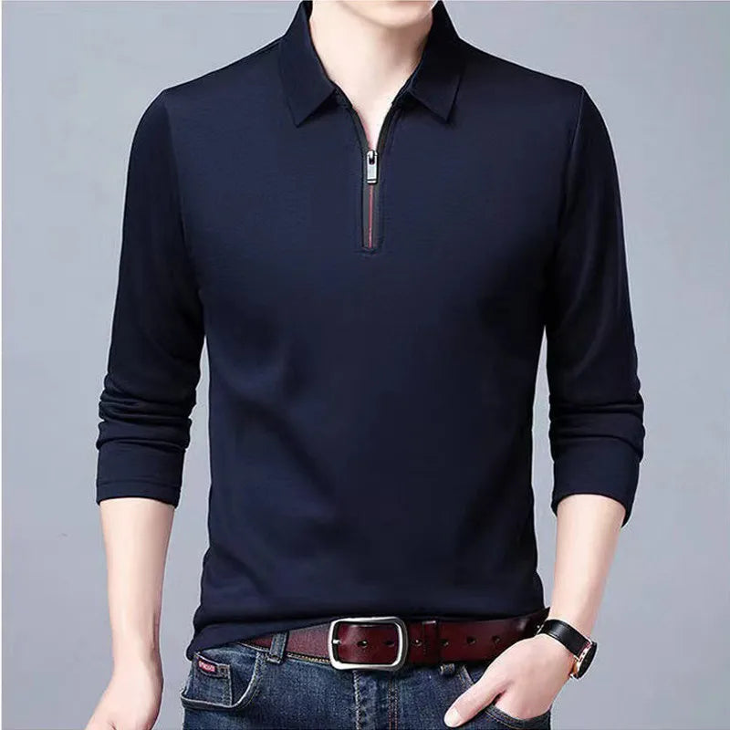 Smart Casual Men's Solid Polo Shirt Spring Autumn New Long Sleeve Zipper Collar Business Fashion Loose Polos Tops Clothing 2023