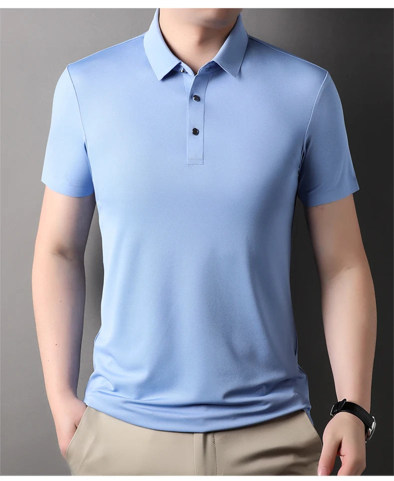 Summer Classic High Quality Solid Color Breathable Men's Short sleeved POLO Shirt Comfortable Ice Silk Casual Business T-shirt