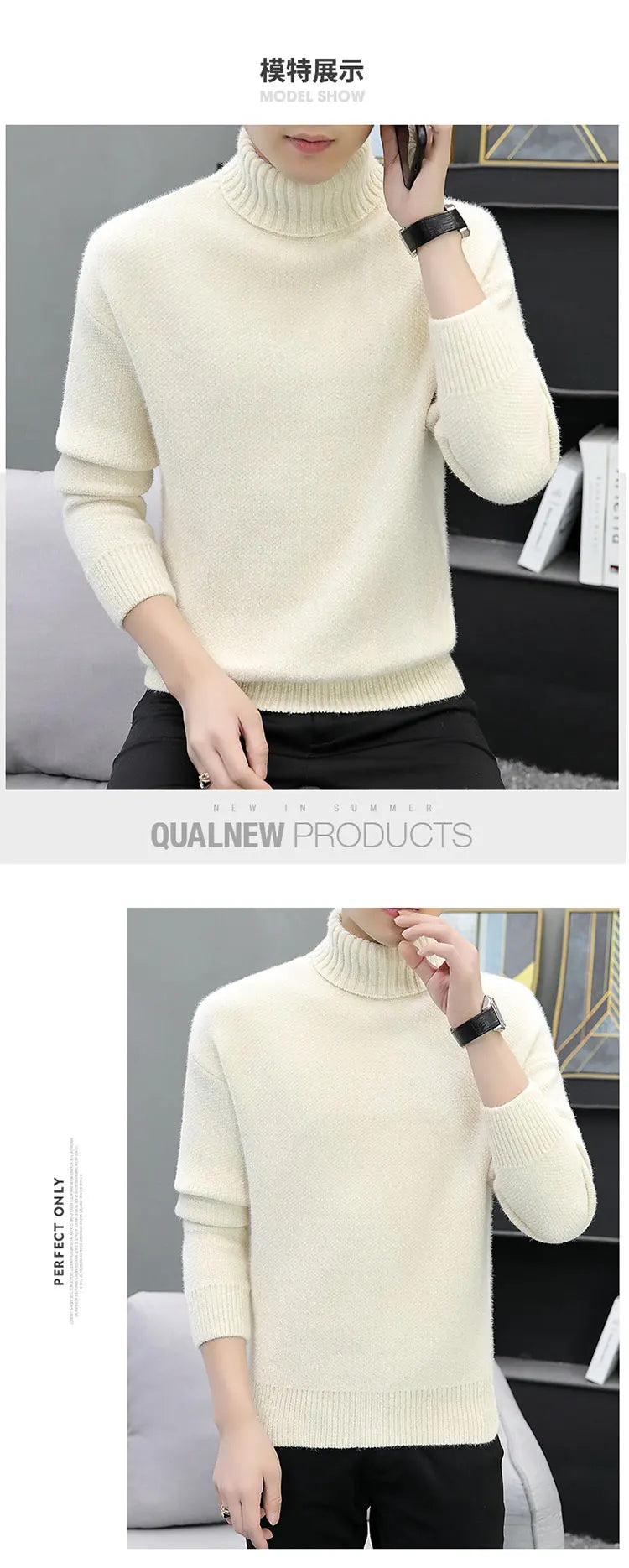 2024 Men Brand High Neck Knitted Pullover New Arrivals Male Fashion Streetwear Casual Slim Solid Color Turtleneck Sweater Male