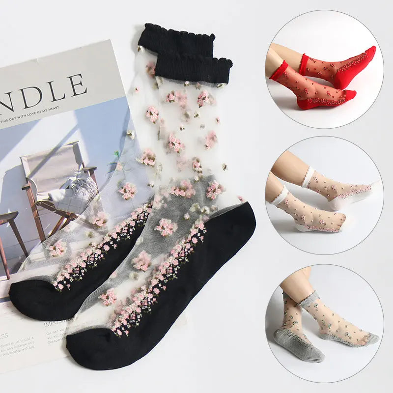 1 Pair Summer Breathable Ultra Thin Socks Women Transparent Lace Silk Crystal Rose Flower Girls Elastic Short Socks Female Sox