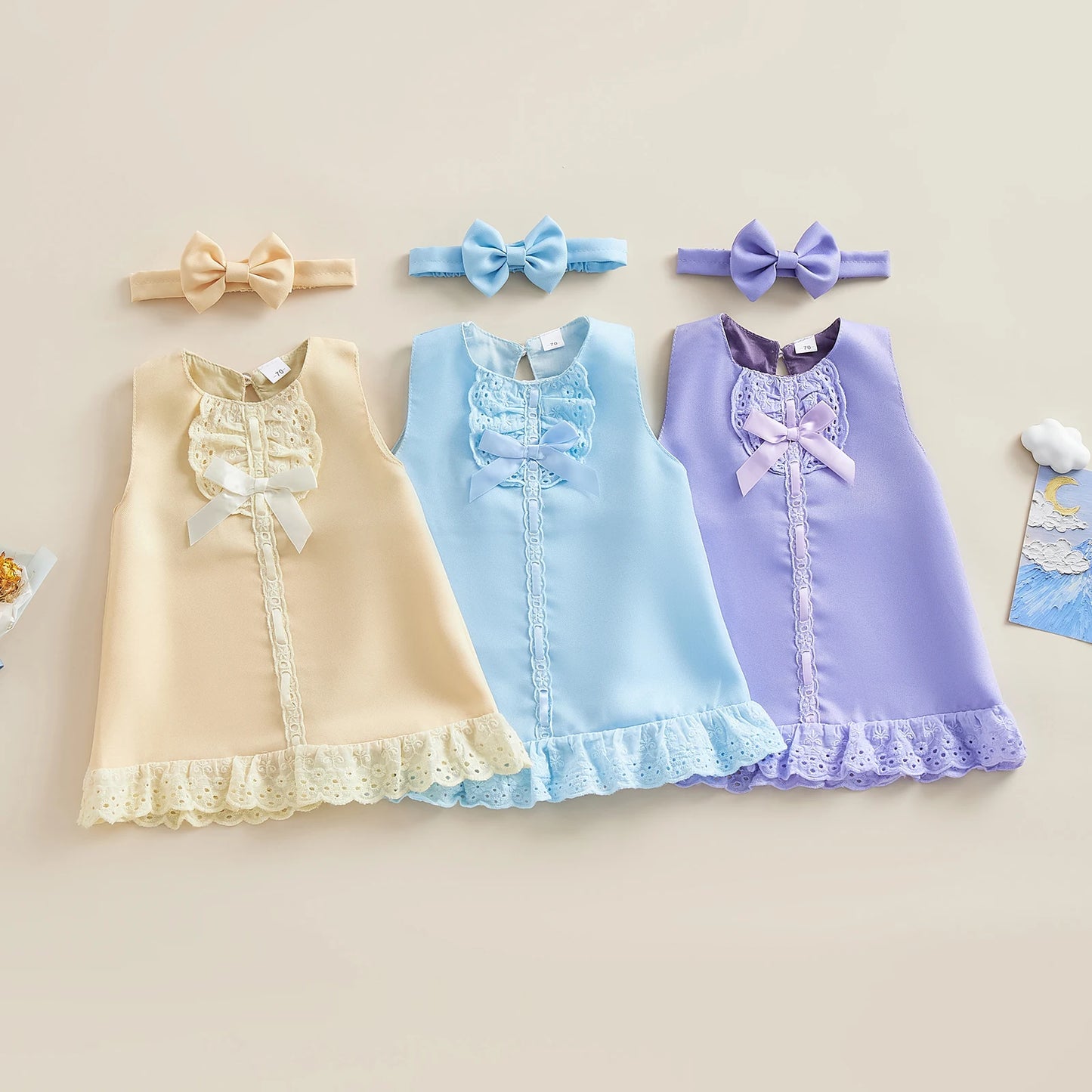 2024 Baby Summer Clothing 0-24M Infant Newborn Baby Girl Lace Dress Sleeveless Bowknot Rib Solid White Shift Gown Headband