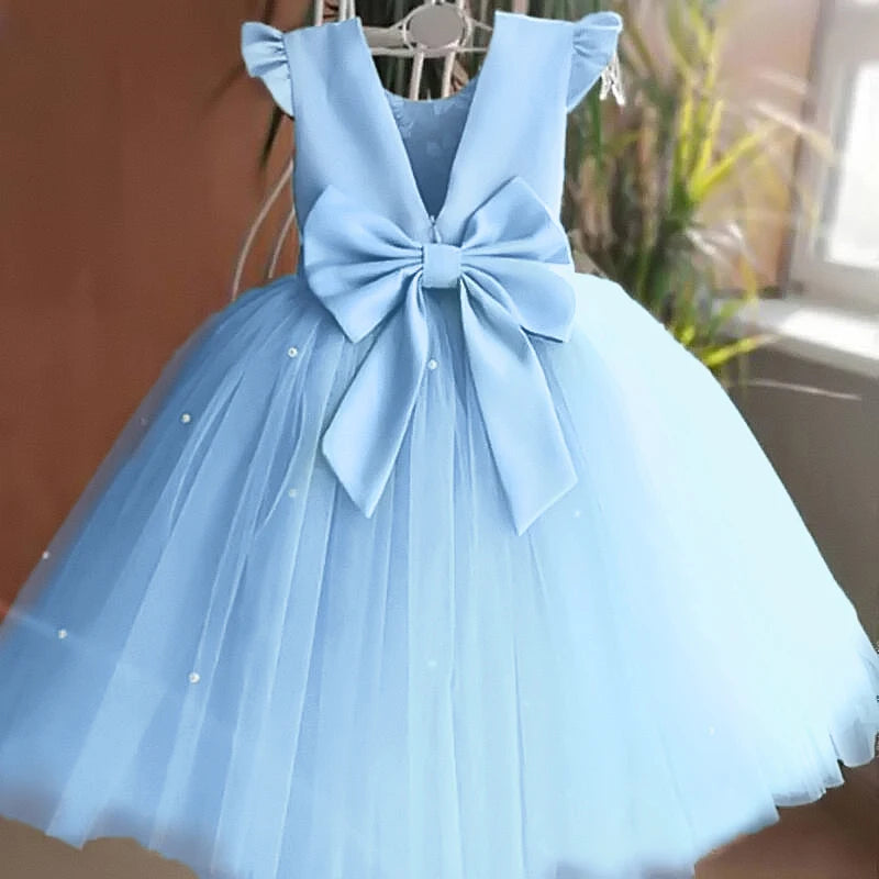 Toddler Girl Flower Birthday Tulle Dress Backless Bow Wedding Gown Kids Party Wear Princess Blue Dress Baby Girl Bowknot Dresses