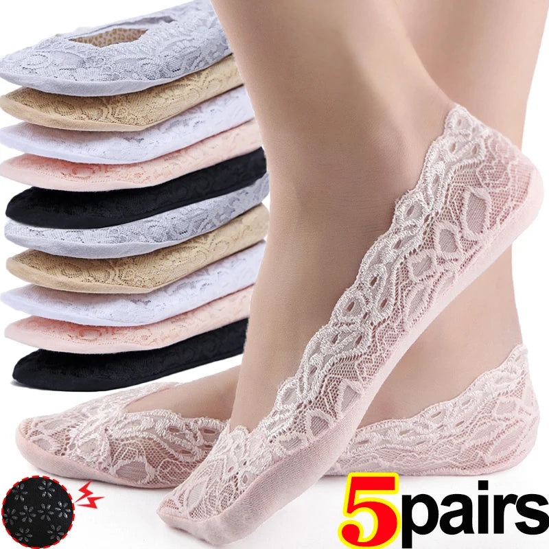 1/5pairs Ballet Lace Flower Sock Slippers Women Summer Silicone Non-slip Ankle Sox Invisible Slipper Lady Hollow Boat Socks Sox