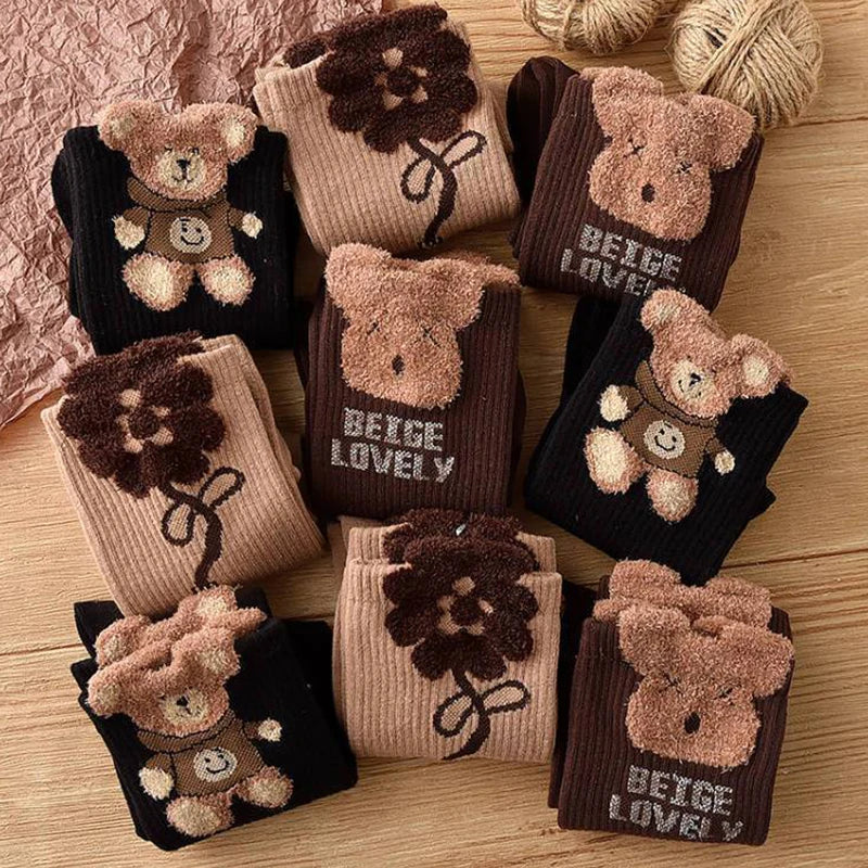 1Pairs Brown Retro Cotton Socks Bear Sock Girls Comfortable Middle Tube Sock Autumn Winter Soft Kawaii Socks For Women