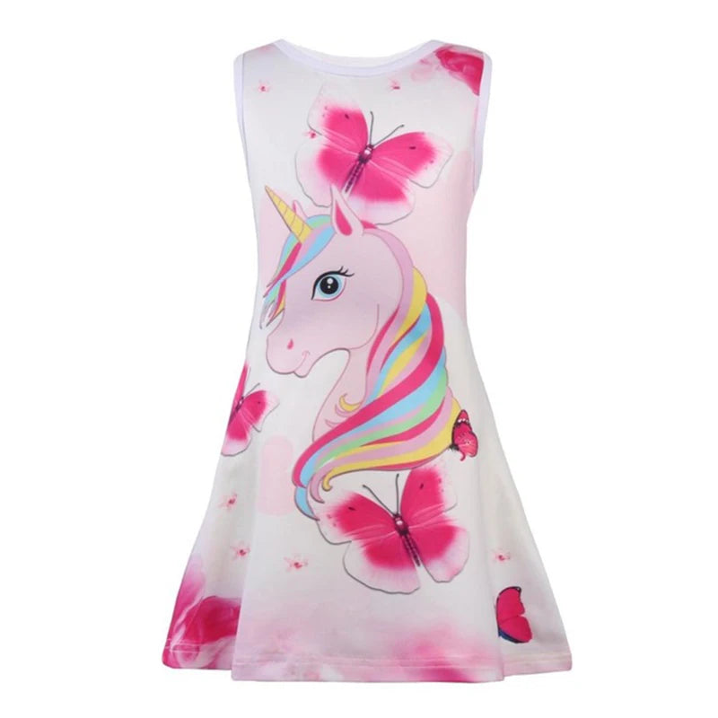 2023 New Summer Children Princess Dress Cartoon Unicorn Butterfly Cotton Dress Sleeveless Party Girl Kid Rainbow Dresses Clothes