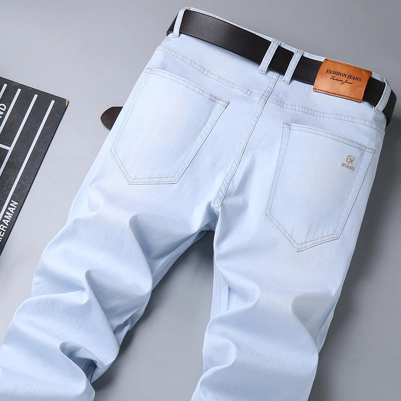 2023 Autumn New Men's Sky Blue Slim Stretch Jeans Classic Style Fashion Casual Denim Pants Male Brand Trousers