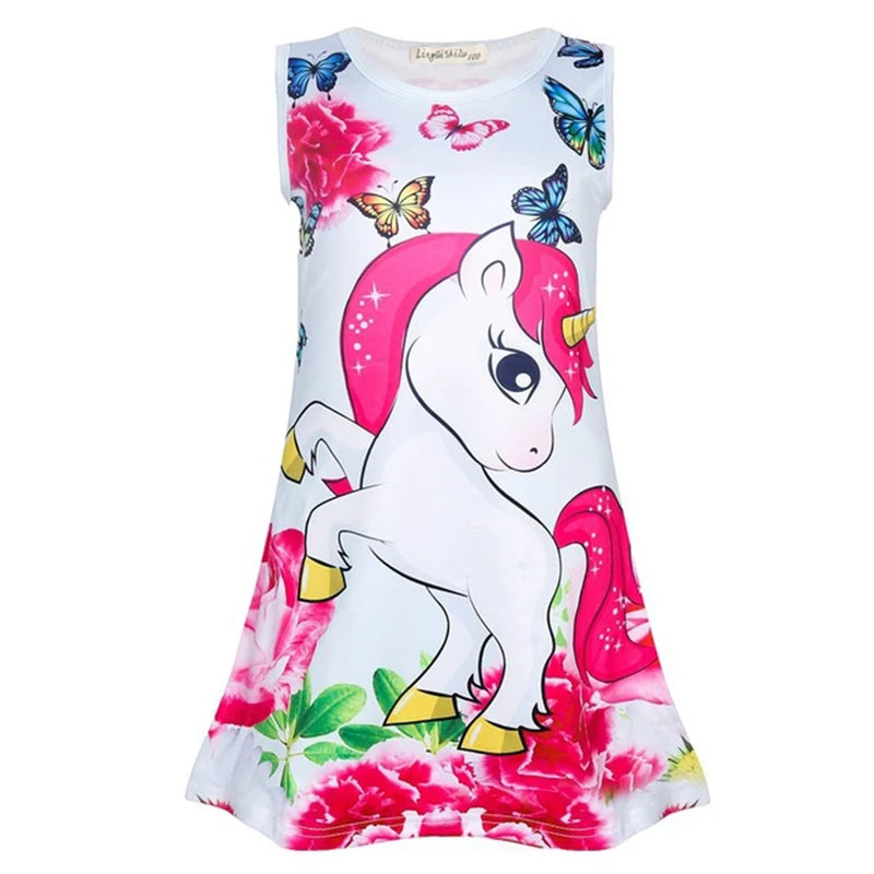 2023 New Summer Children Princess Dress Cartoon Unicorn Butterfly Cotton Dress Sleeveless Party Girl Kid Rainbow Dresses Clothes