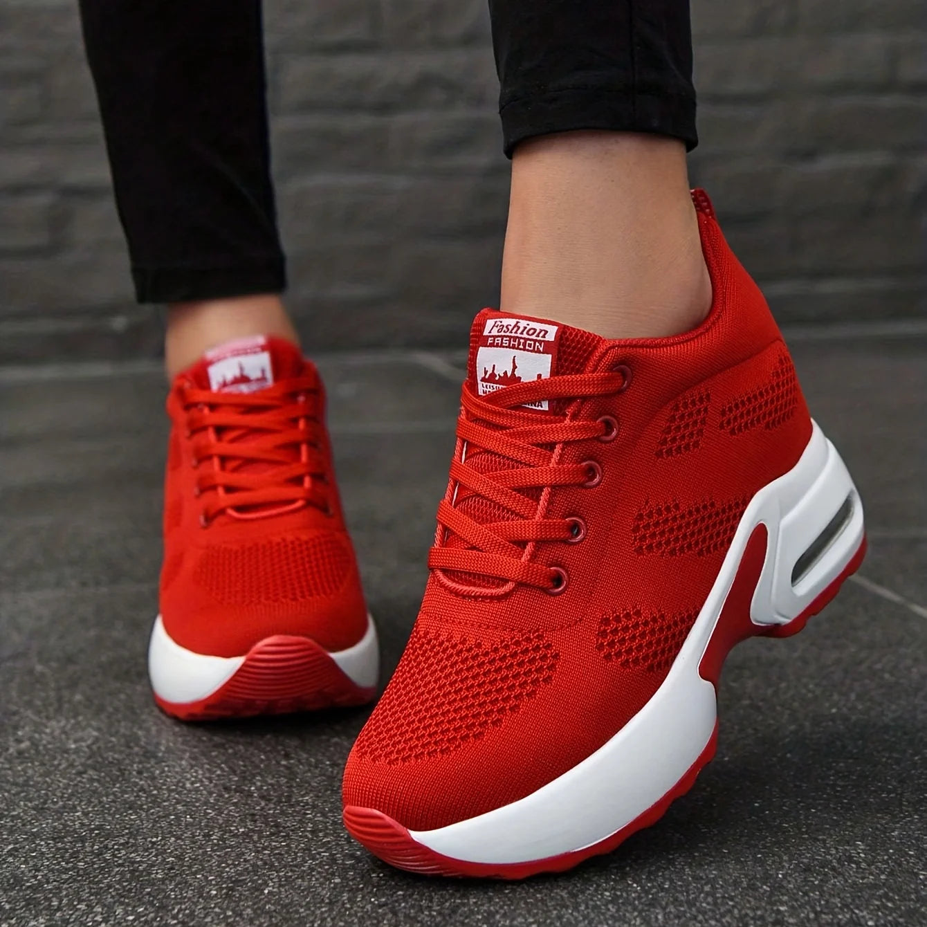 Women Knit Lace Up Platform Shoes Air Cushion Sneakers 8 cm Height Wedge Sneakers Red Casual Shoes Zapatillas Mujer 1912 v