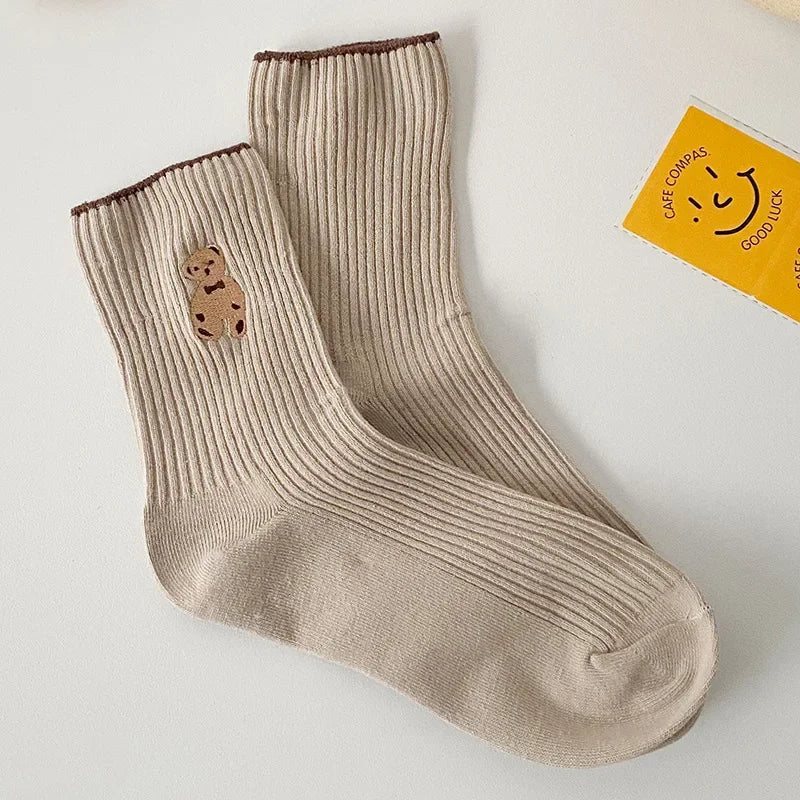 1/5pairs Cartoon Bear Socks Soft Cotton Socks Autumn Coffee Stockings Kawaii Women Socks Korean Casual Stockings Women Hosiery