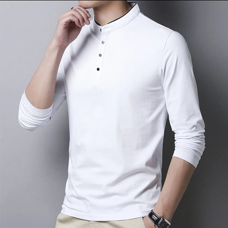 Men's Fashion Long sleeved POLO Shirt Casual Cotton Breathable Top Stand up Collar Korean Comfortable T-shirt Top