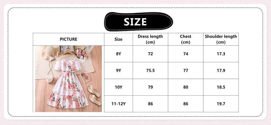 Summer Girls Dress For  8-12 Years White  Floral Print  Suspender Skirt  Edge off-shoulder  Elegant  Holiday  Party Dress