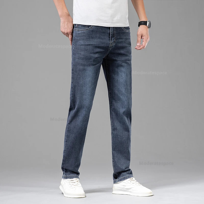 Summer Thin Men's Cotton Jeans New Fashion Gray Elastic Straight Business Casual Pants Comfortable Brand Trousers