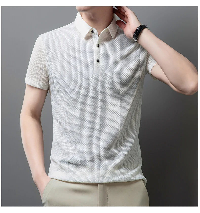 No Trace Of Ice Silk Polo Shirt Lapel Slim Business Casual Short-Sleeved T-Shirt Solid Color Buttons Summer Men's Clothing