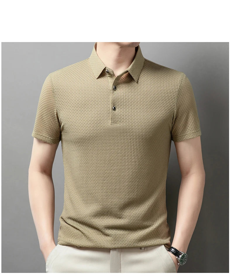 No Trace Of Ice Silk Polo Shirt Lapel Slim Business Casual Short-Sleeved T-Shirt Solid Color Buttons Summer Men's Clothing