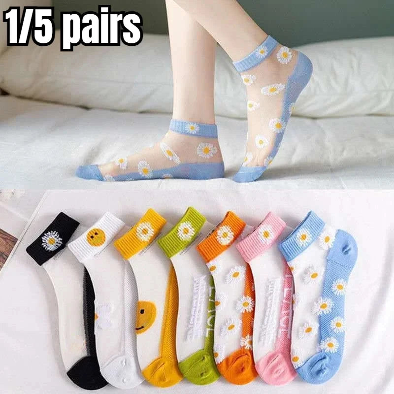 5 Pairs Summer Woman Silk Socks Ankle Lace Ultra-thin Girl’s Transparent Glass Fiber Fashion Daisy Flower Harajuku Cute Style