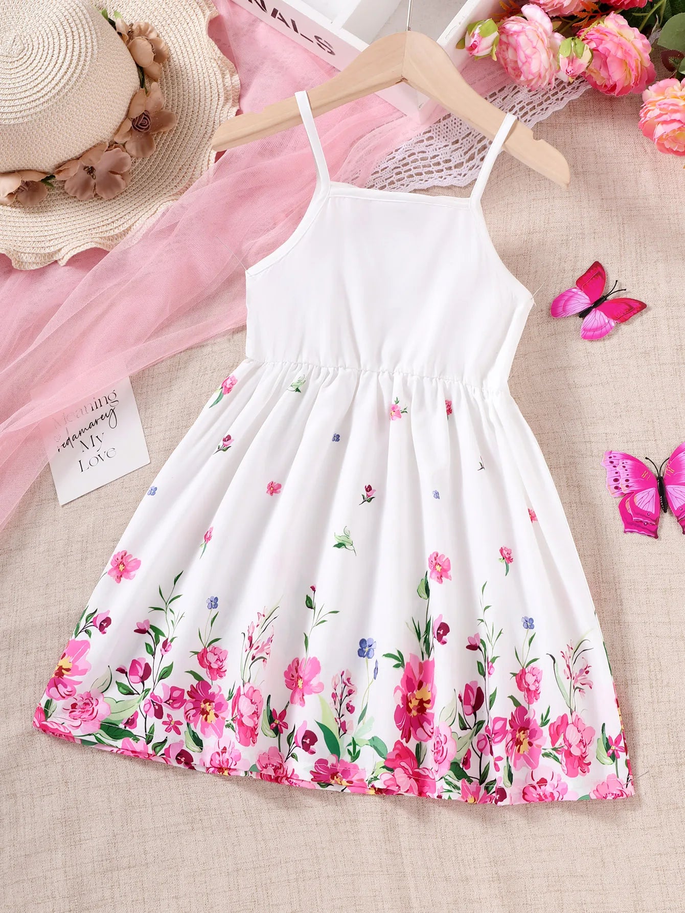 Kids Girl Summer New Sling Dress Flower Print Suspenders Dresses Daily Comfortable Casual Clothing for Children Girl 4-7 Years