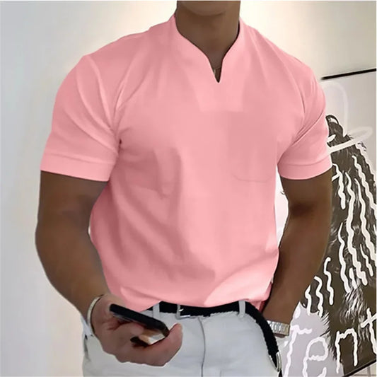 2024 Summer Beach Short Sleeve Solid Color V-neck T-shirt Micro Elastic Muscle Men's top 12 Color Daily Casual Sports Clothing