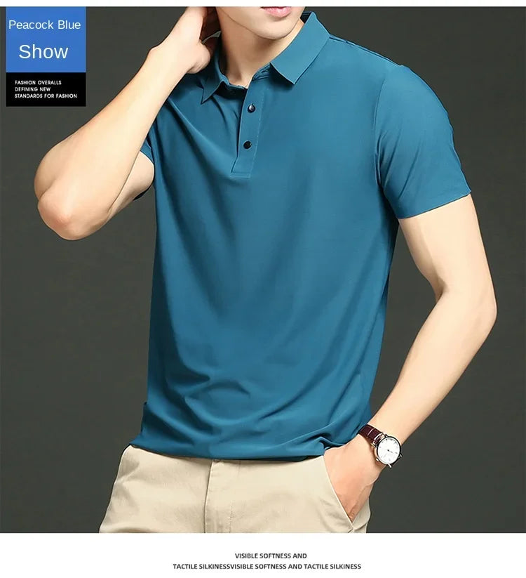 Summer T-shirt Short Sleeve Stretch Ice Silk Polo Shirt Men Business Casual Lapels Slim-Fitting Seamless Mercerized Thin Top Men