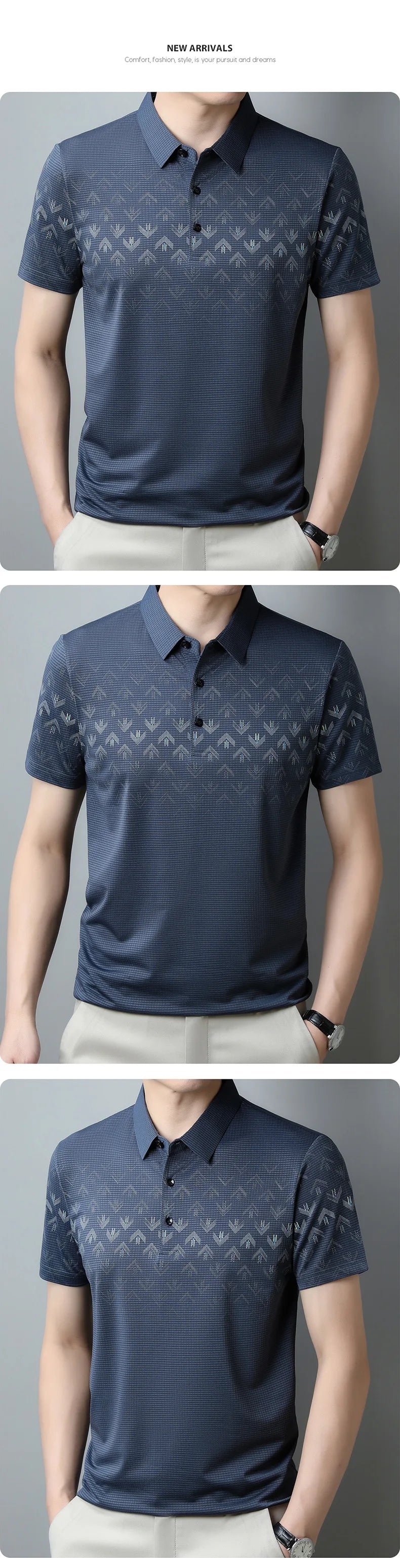 2023 New Ice Silk T-shirt Short Sleeve Men's Polo Shirt Business Casual Printed Lapel Men's Quick-drying Top