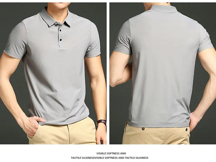 Summer T-shirt Short Sleeve Stretch Ice Silk Polo Shirt Men Business Casual Lapels Slim-Fitting Seamless Mercerized Thin Top Men