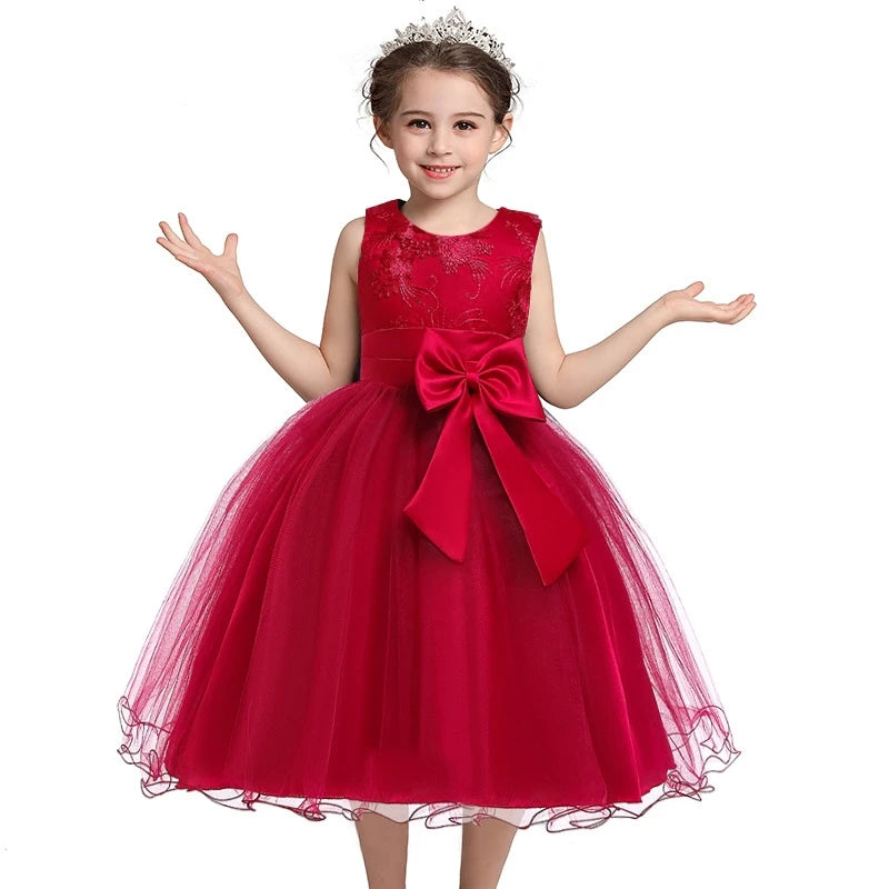 Girl Dress Flower Embroidered Bow Princess Dress Children Lace Mesh Tutu Wedding Christmas Birthday Party Dress Girl Dress