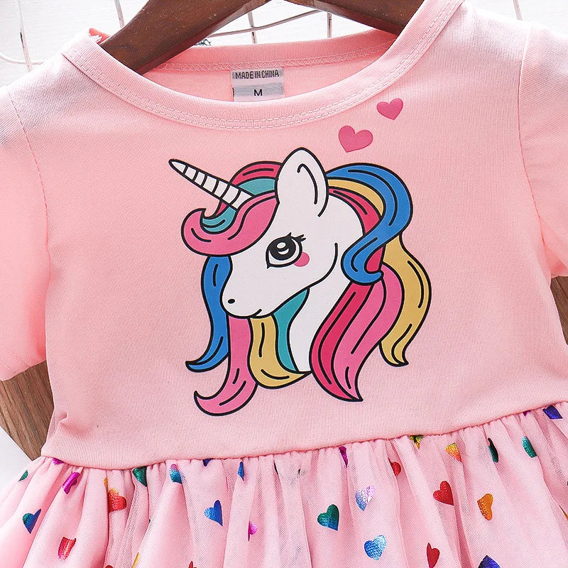 2023 Summer Girls Dress Cotton Cartoon Unicorn Splicing Mesh Party Princess Dresses For 2-6 Years Girls Birthday Clothes