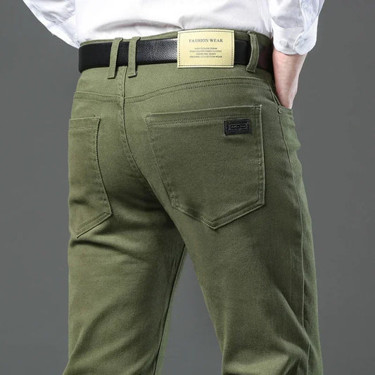 Large Size 42 44 Autumn 98% Cotton Men's Stretch Slim Jeans ArmyGreen Soft Comfortable Casual Straight Denim Pants Trousers