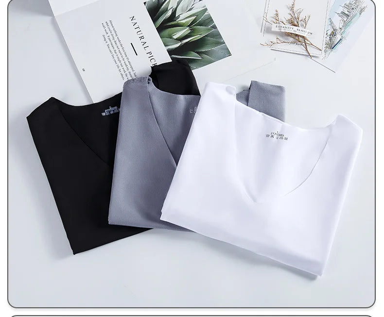 Summer Men T-shirts Ice Silk T Shirt For Men Seamless Casual V-neck Short Sleeve Shirt Tee Tops Men's clothing Blouse Streetwear