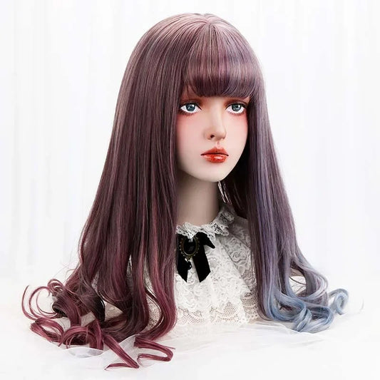 28''Synthetic Long Wavy Lolita Wigs With Bangs Purple Blue Ombre Custom Party Cosplay Wigs For Black/White Women Heat Resistant