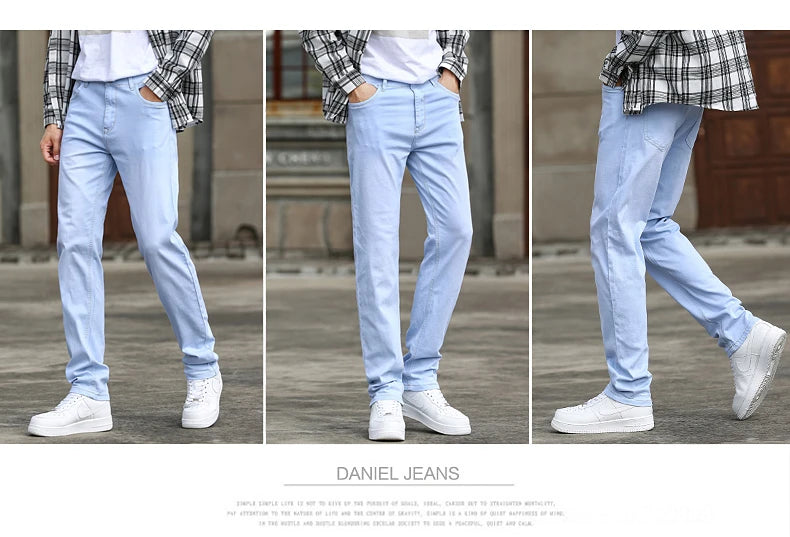 2023 Autumn New Men's Sky Blue Slim Stretch Jeans Classic Style Fashion Casual Denim Pants Male Brand Trousers